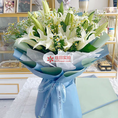 德阳8支白色多头百合洋甘菊，互倾的思念